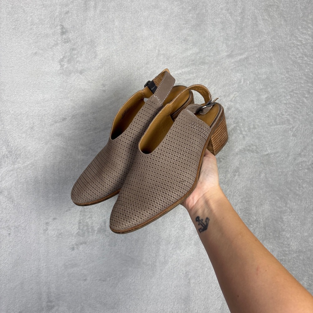 Lucky Brand Lideton Taupe Perforated Leather Slingback Block Heel Sandals 9.5M